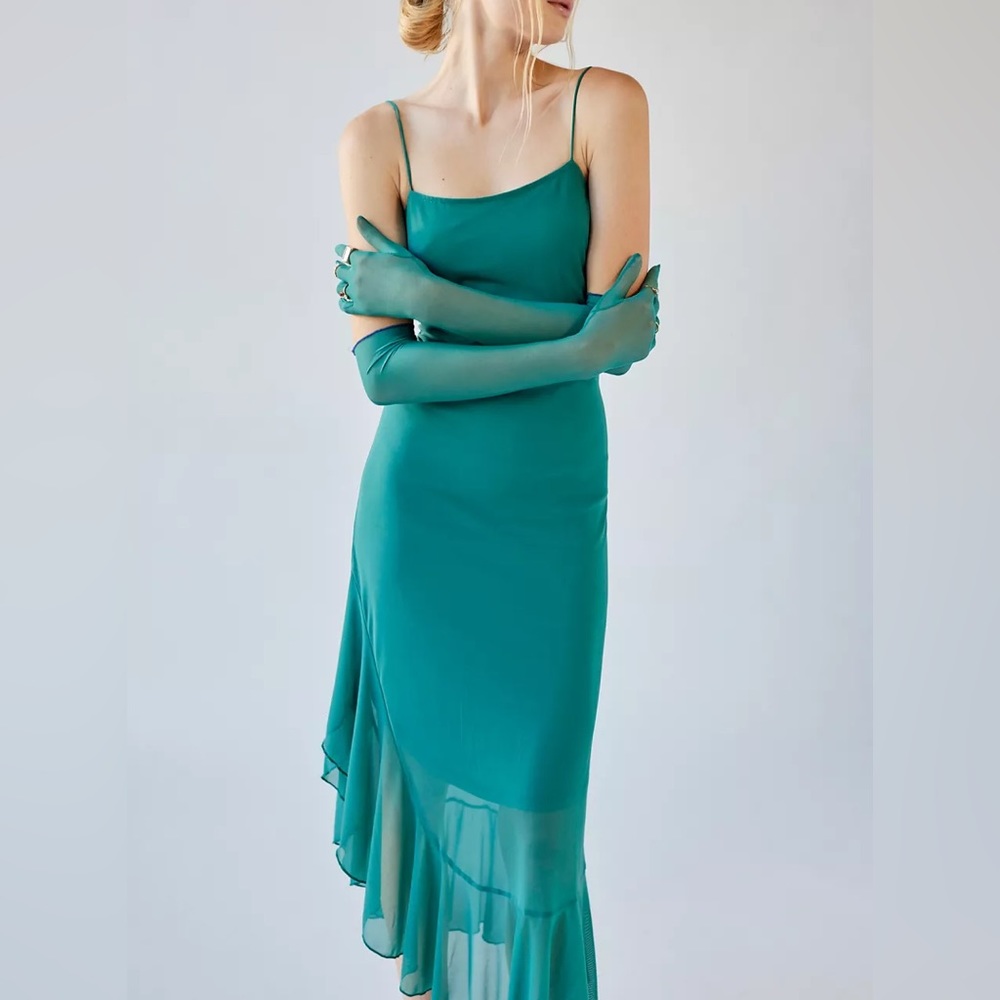 {NWT} Urban Outfitters | Glamour Girl Mesh Overlay Midi Dress Teal Green/Blue S